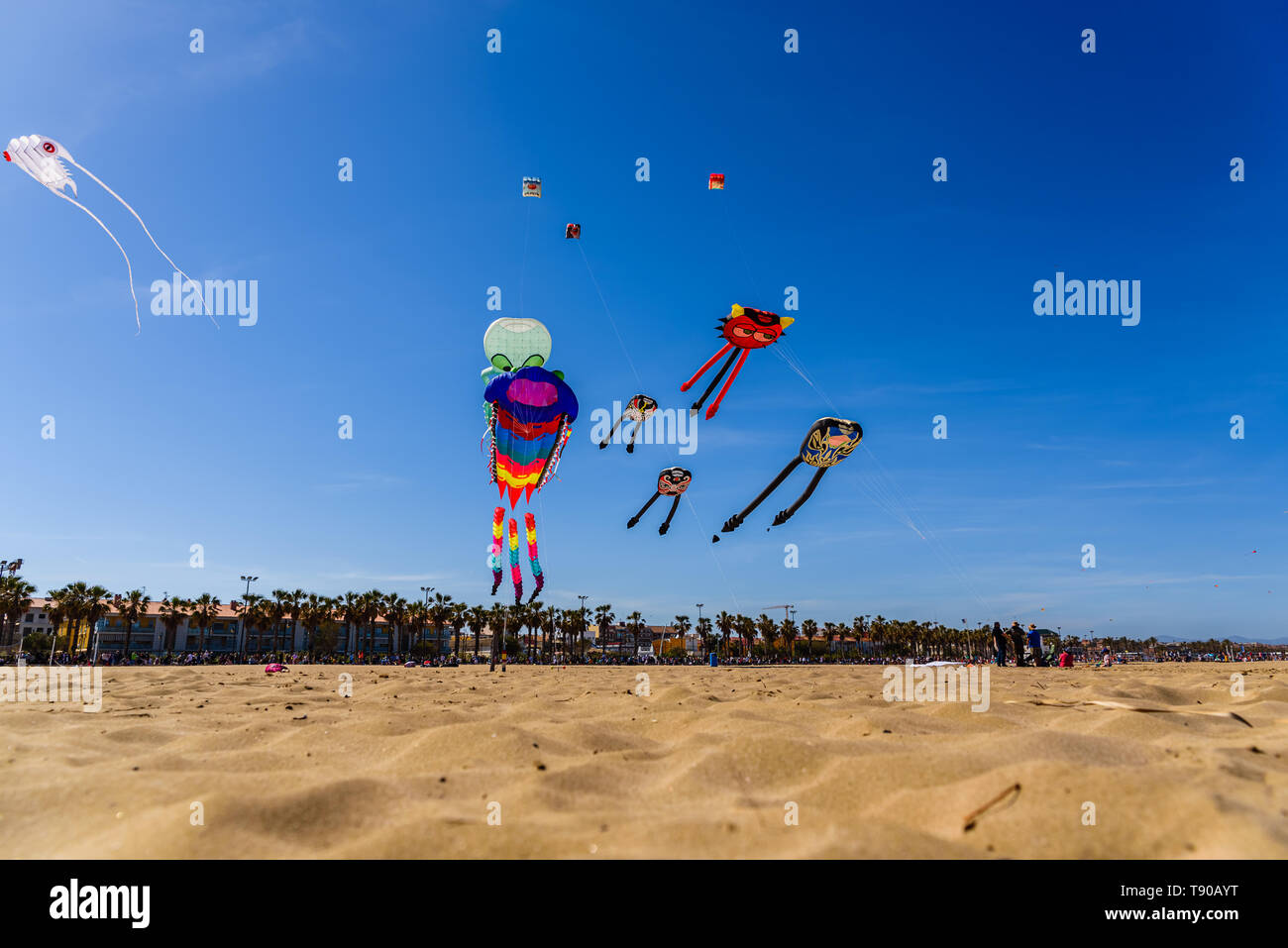 Valencia, Spanien - Mai 12, 2019: Festival der inctable und stunt kites am Strand von Valencia, Valencia mit Hunderten von Personen statt. Stockfoto