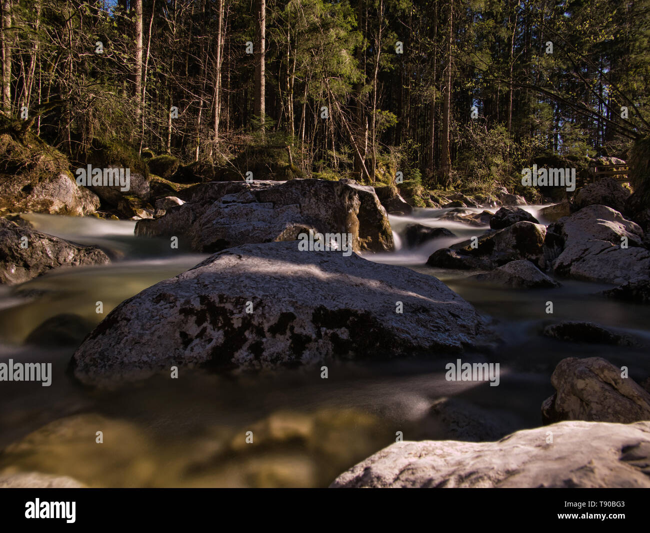 Ein gebirgsbach auf einer Waldlichtung mit großen Felsen im Wasser Stockfoto