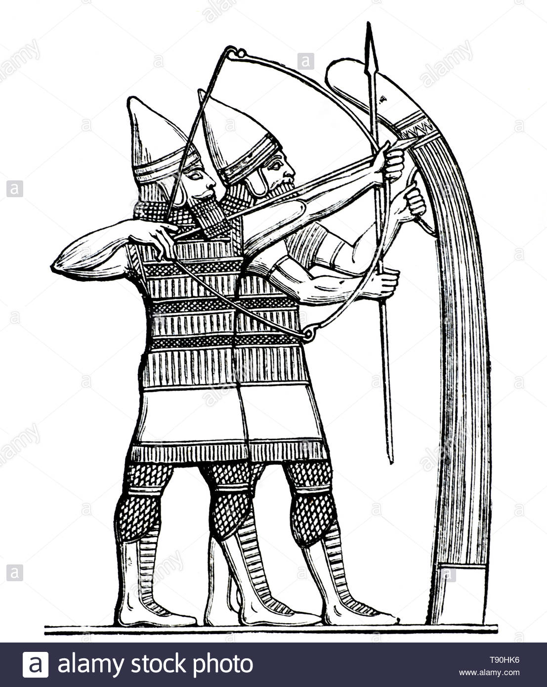 Assyrische Warrior shooting hinter einer tragbaren Pavis, Illustration von 1884 Stockfoto