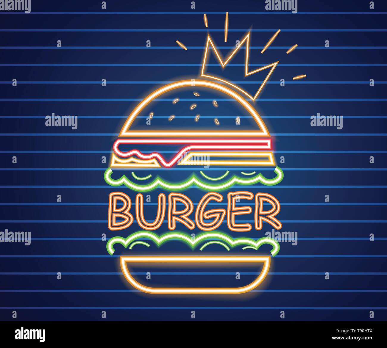 Neon King Burger Vektor Poster. Leuchtende Zeichen fastfood Licht billboard Symbol. Cafe Menüpunkt Stock Vektor