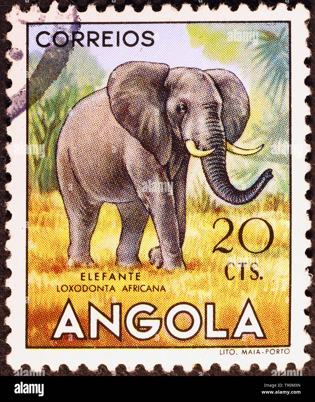 Elefant auf vintage Briefmarke von Angola Stockfoto