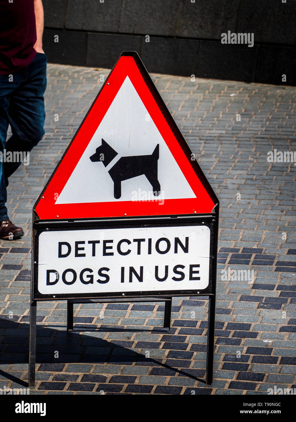 Erkennung Hunde im Einsatz Zeichen-Warnung über den Einsatz von Hunden trainiert seinen Geruchssinn zu verwenden Sprengstoffe oder Drogen zu erkennen. Stockfoto