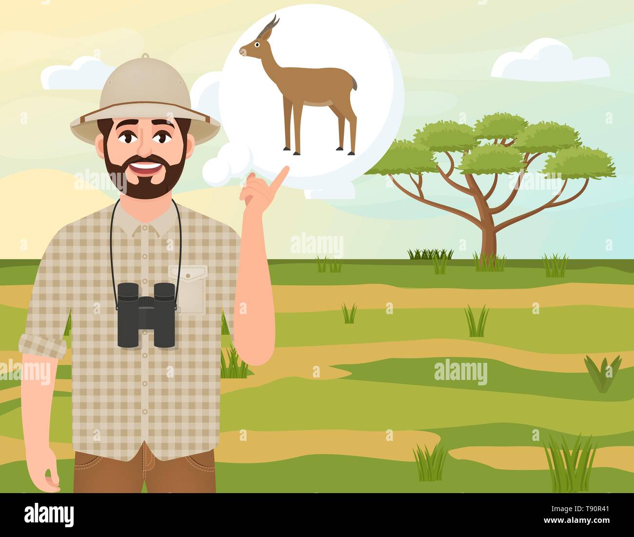 Glückliche Menschen in Cork hat, Tier Hunter denkt über gazelle Dorcas, Landschaft safari, akazie Regenschirm, afrikanischen Landschaft, Vector Illustration Stock Vektor