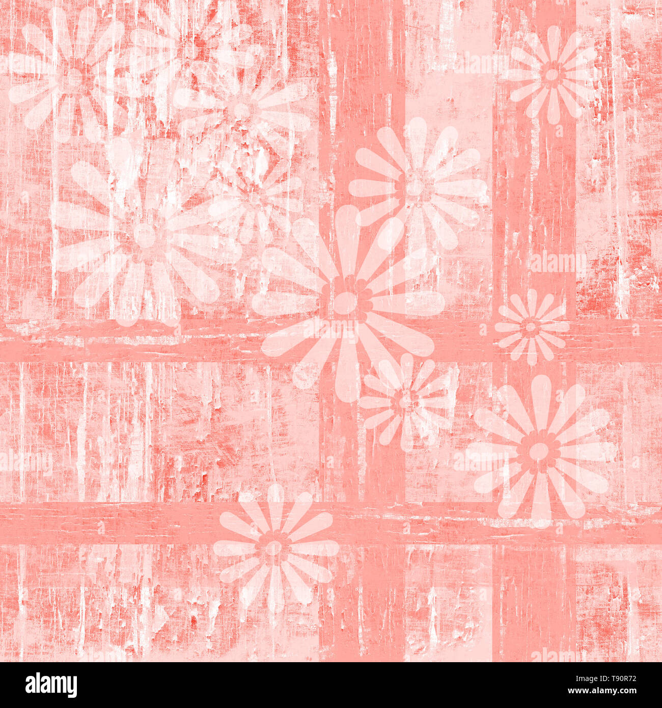 Abgenutzte Holz Textur in PANTONE-Farbe des Jahres, lebende Korallen und weiße Farbe blätterte ab, die in einer geometrischen karierte Muster mit verblichenen White Daisy Flowers. Stockfoto