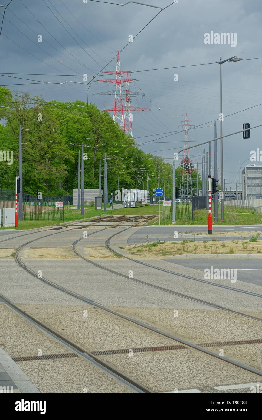 Stater Straßenbahn (Dt.: Städtische Straßenbahn) ist die Bahnlinie der luxemburgischen Hauptstadt Luxemburg, sterben bin 10 sterben. Dezember 2017 eröffnet wurde. D Stockfoto