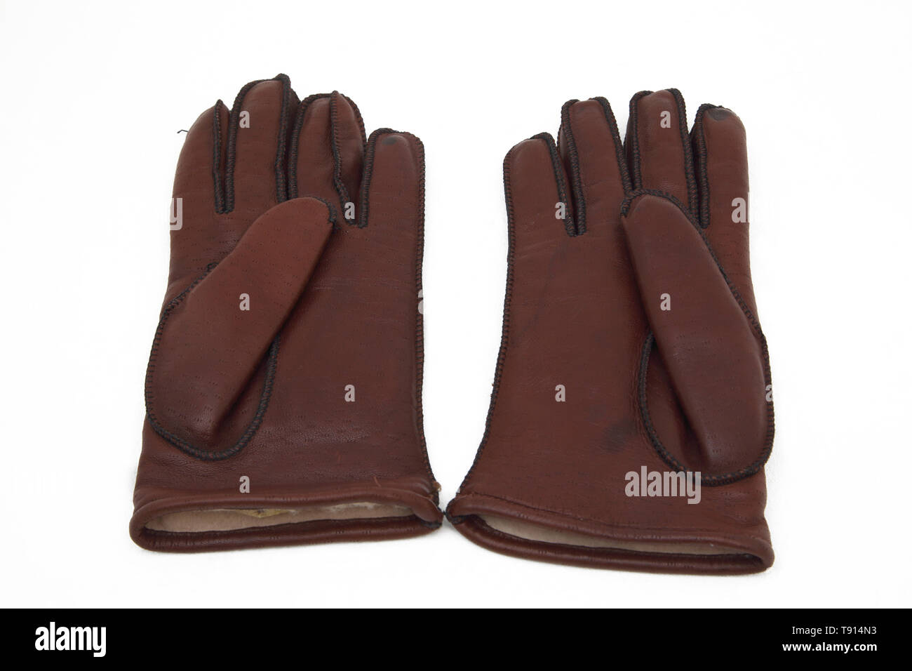 Braunes Leder Handschuhe mit Fleecefutter Stockfoto
