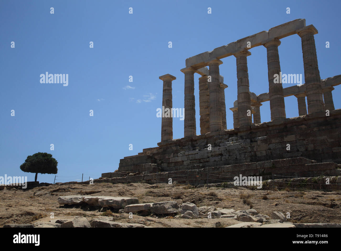 Attika Griechenland Sounion Tempel des Poseidon und der Olivenbaum Stockfoto