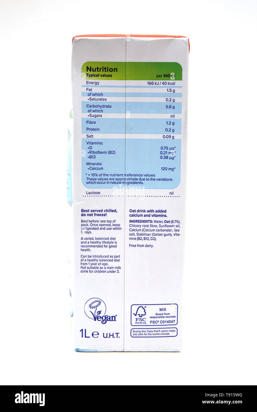 Vegan Alpro Hafer Laktosefreie Milch Alternative Nährwertangaben Stockfoto