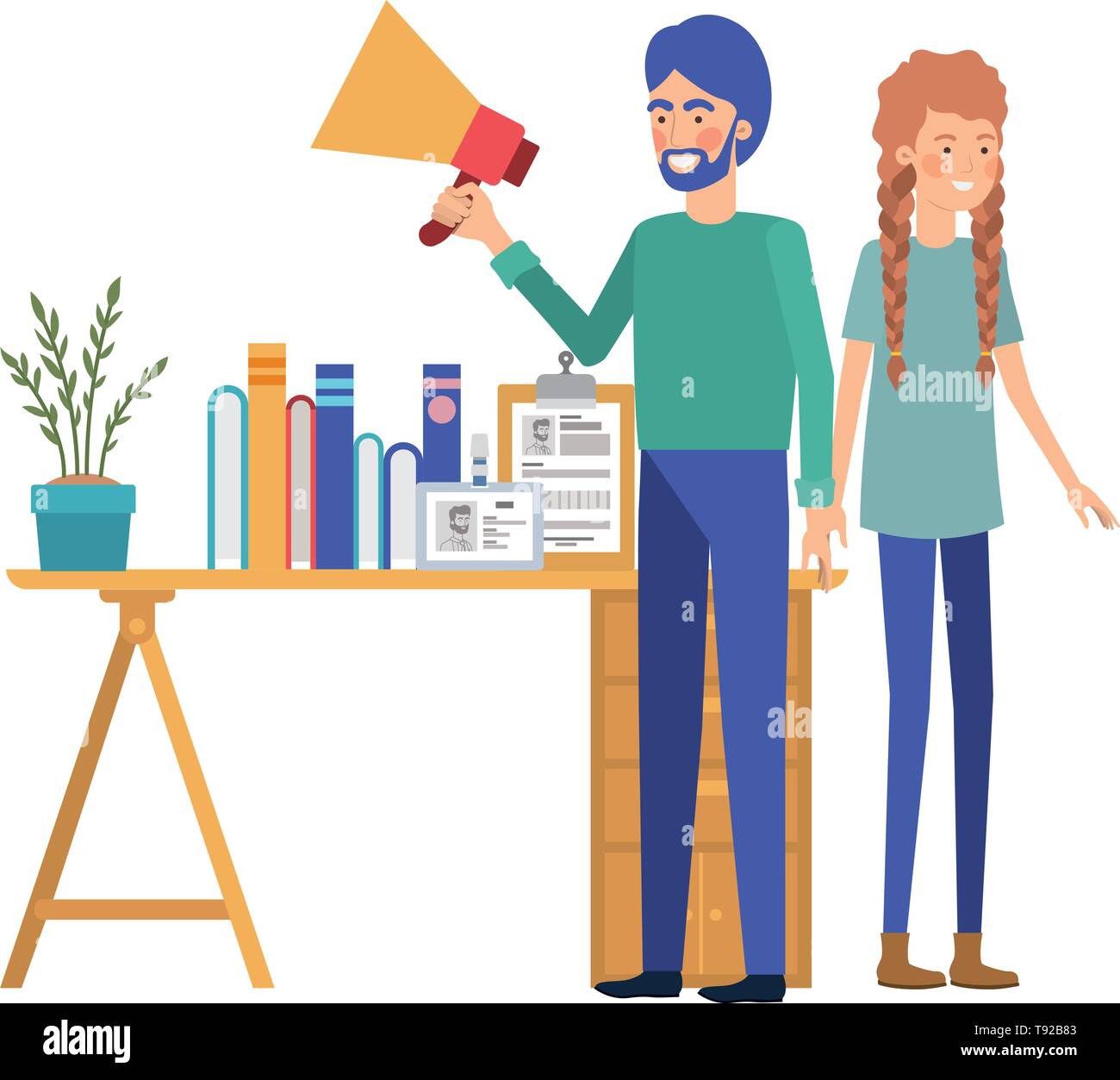 Paar in die Arbeit im Büro mit weißem Hintergrund Stock Vektor
