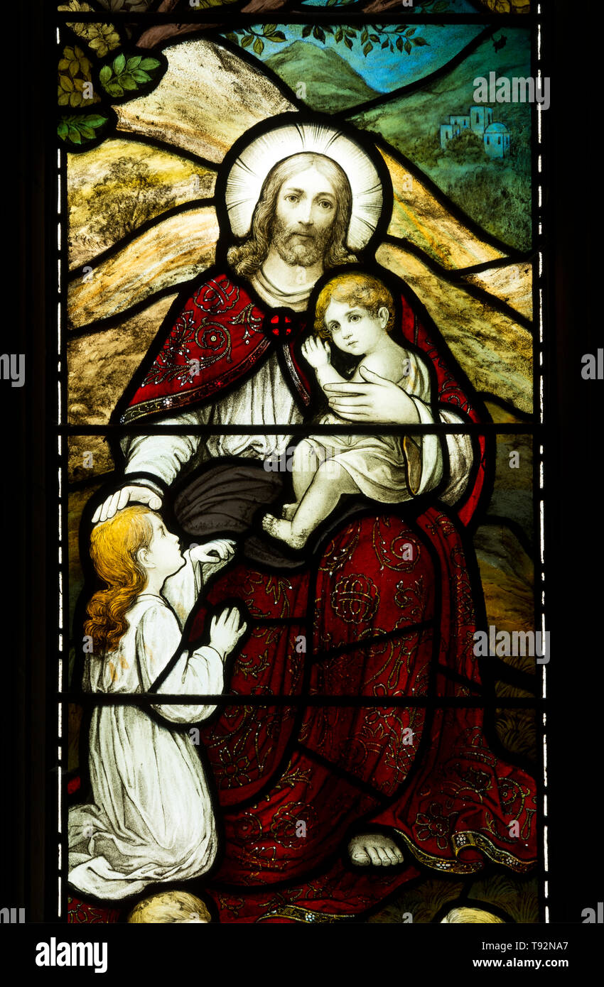 Lasset die Kindlein Glasfenster detail, St. Maria Magdalena Kirche, tanworth-in-arden, Warwickshire, England, Großbritannien Stockfoto