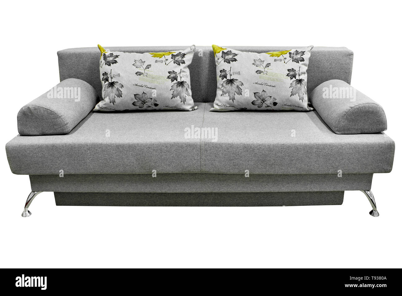 Modernes, stilvolles grauer Stoff Sofa mit Kissen ohne Armlehnen Stockfoto