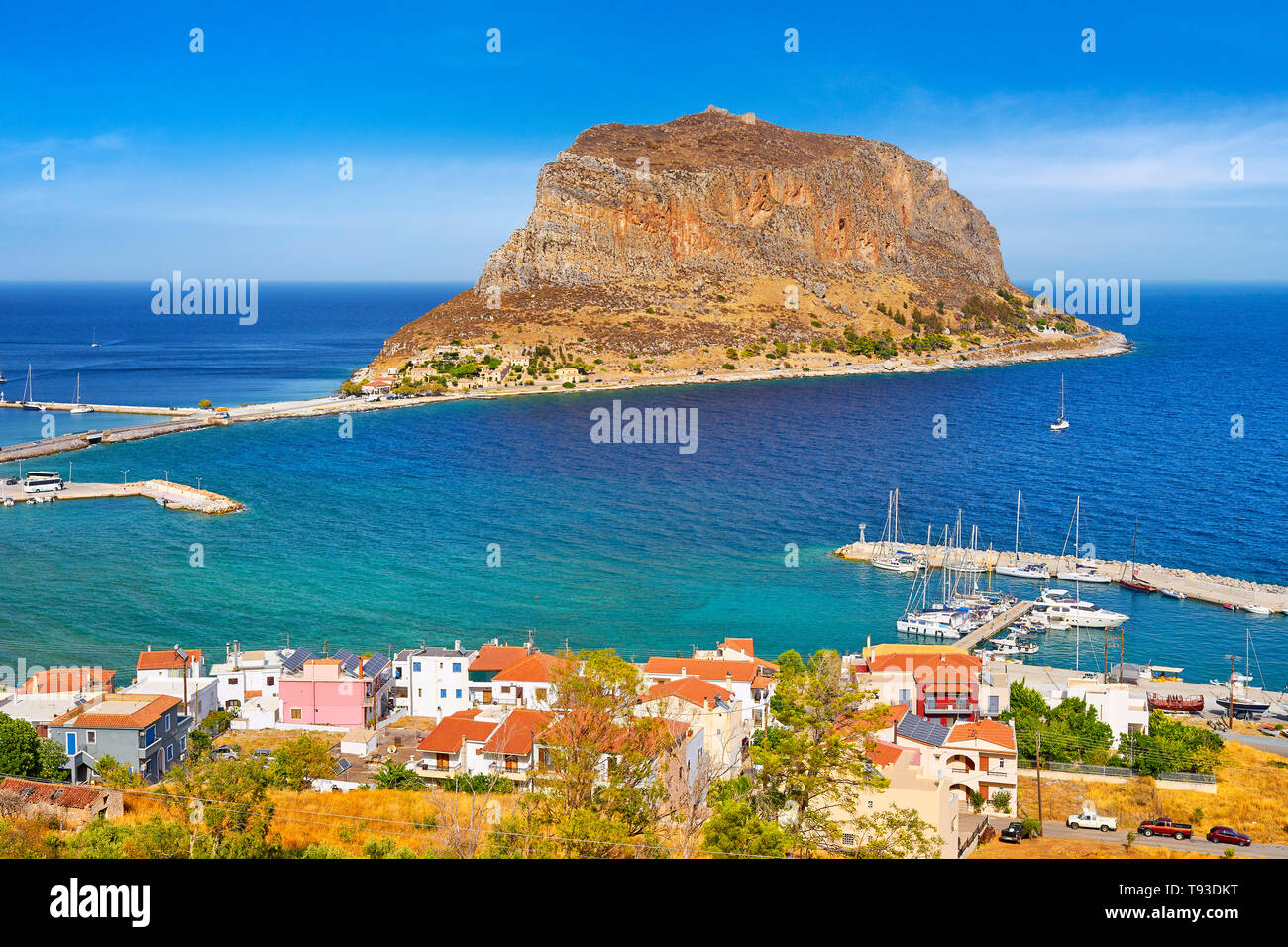 Blick auf Monemvasia, Peleponnes, Griechenland Stockfoto