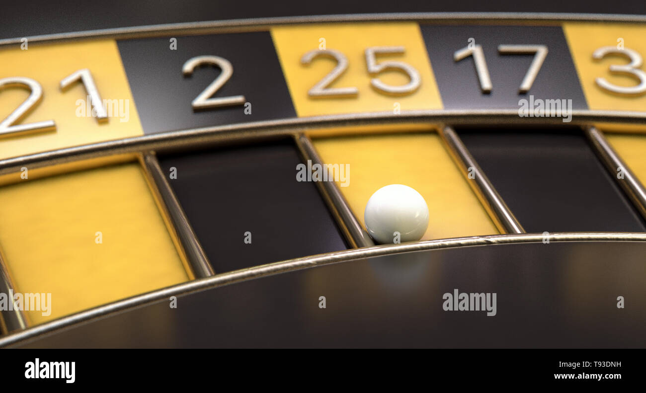 Eine Nahaufnahme eines regelmäßigen Schwarz Roulette Rad mit gelben und schwarzen Markierungen und gold Detail auf einem isolierten Hintergrund - 3D-Rendering Stockfoto