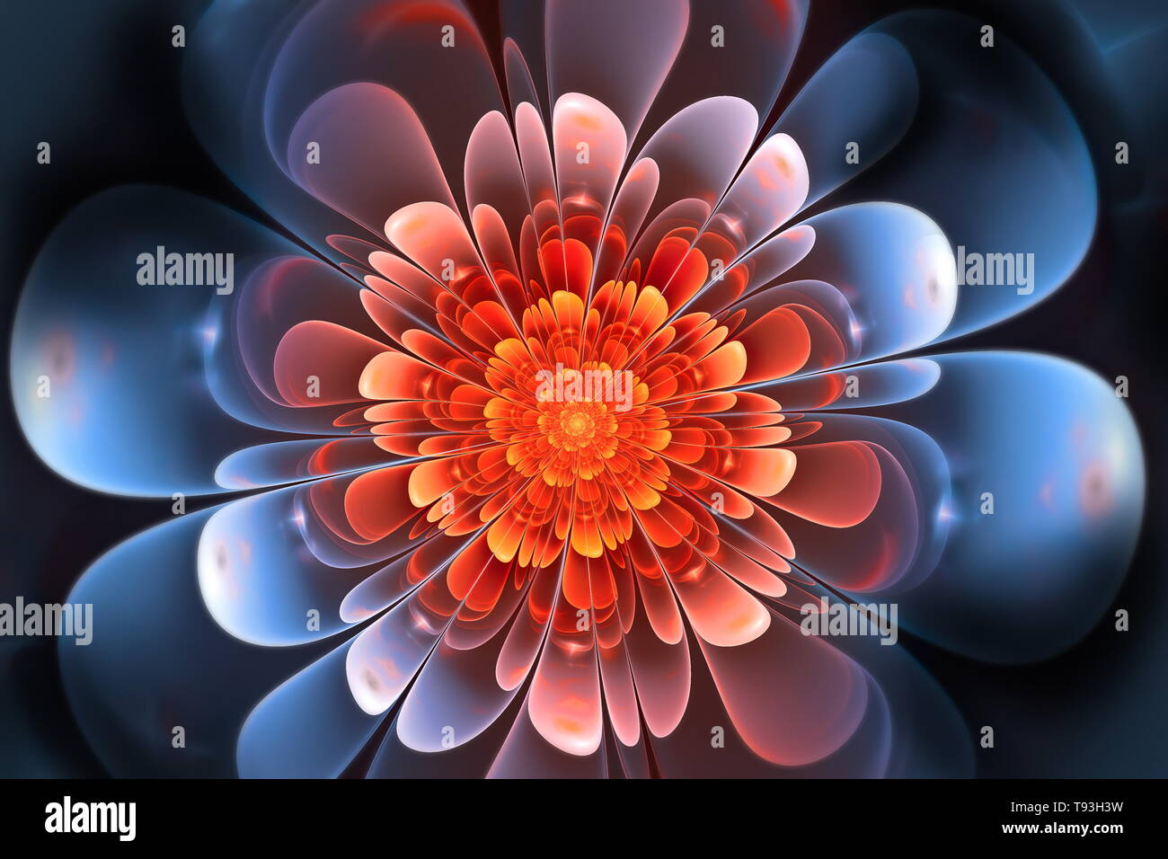 Abstrakte fraktale Kunst Illustration. Rot und blau glänzende Blütenblätter. Dunkler Hintergrund. Schöne fraktale Illustration für kreatives Grafikdesign Stockfoto