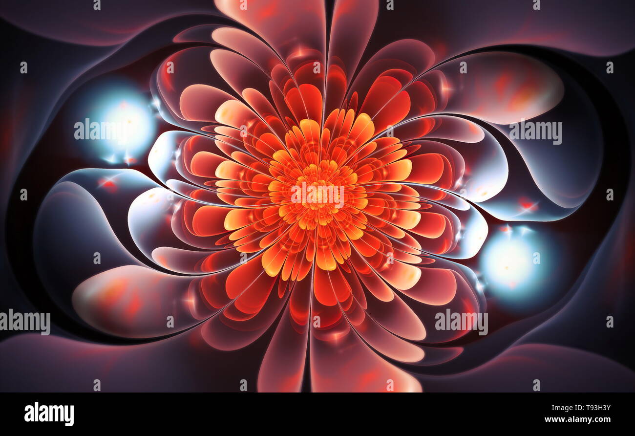 Abstrakte fraktale Kunst Illustration. Rot und blau glänzende Blütenblätter. Dunkler Hintergrund. Schöne fraktale Illustration für kreatives Grafikdesign Stockfoto
