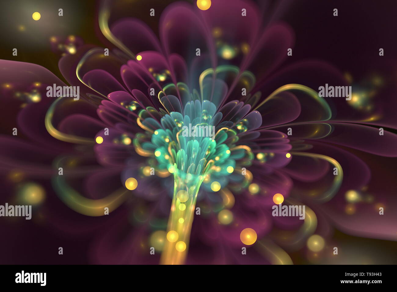 Abstrakte fraktale Kunst Illustration. Lila und blau glänzende 3d Blütenblätter. Dunkler Hintergrund. Schöne fraktale Illustration für kreatives Grafikdesign Stockfoto