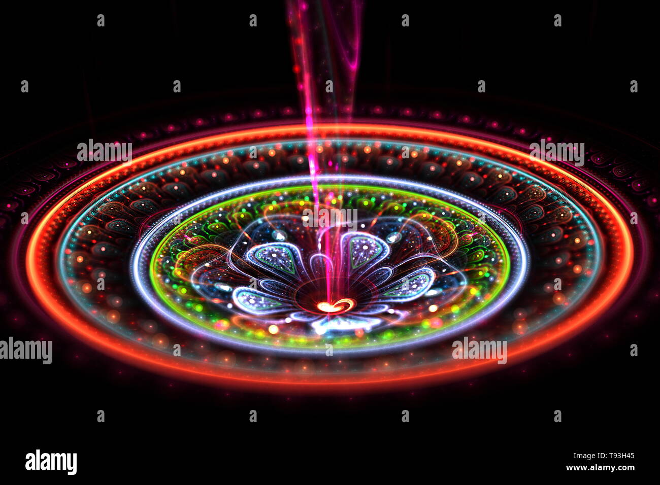 Fraktale Kunst Hintergrundillustration. Bunte 3d abstraktes Mandala mit Strahl aus der Mitte auf dunklem Hintergrund Stockfoto