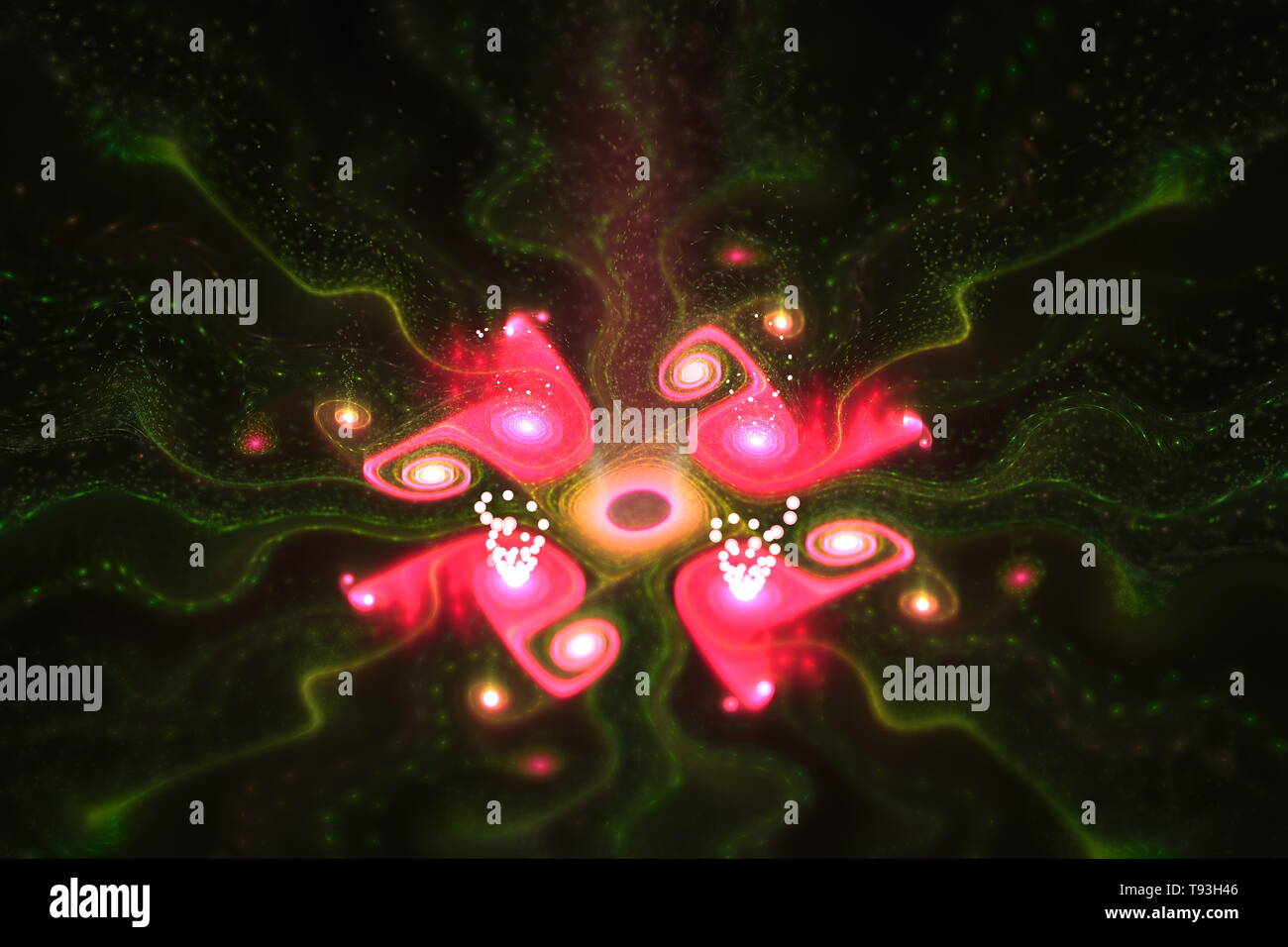 Abstrakt fraktale Kunst Hintergrund mit grün und rot leuchten und Bokeh auf einem dunklen Hintergrund. Schöne fraktale Illustration für kreatives Grafikdesign Stockfoto