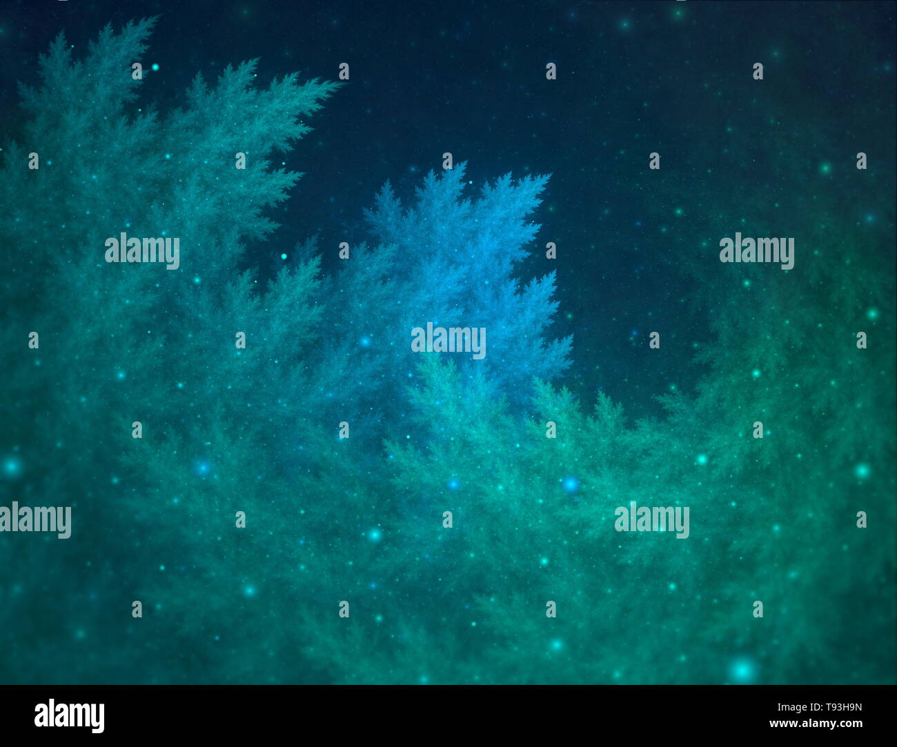 Abstrakt fraktale Kunst Hintergrund mit grünen und blauen Blättern und Bokeh auf einem dunklen Hintergrund. Schöne fraktale Illustration für kreatives Grafikdesign Stockfoto