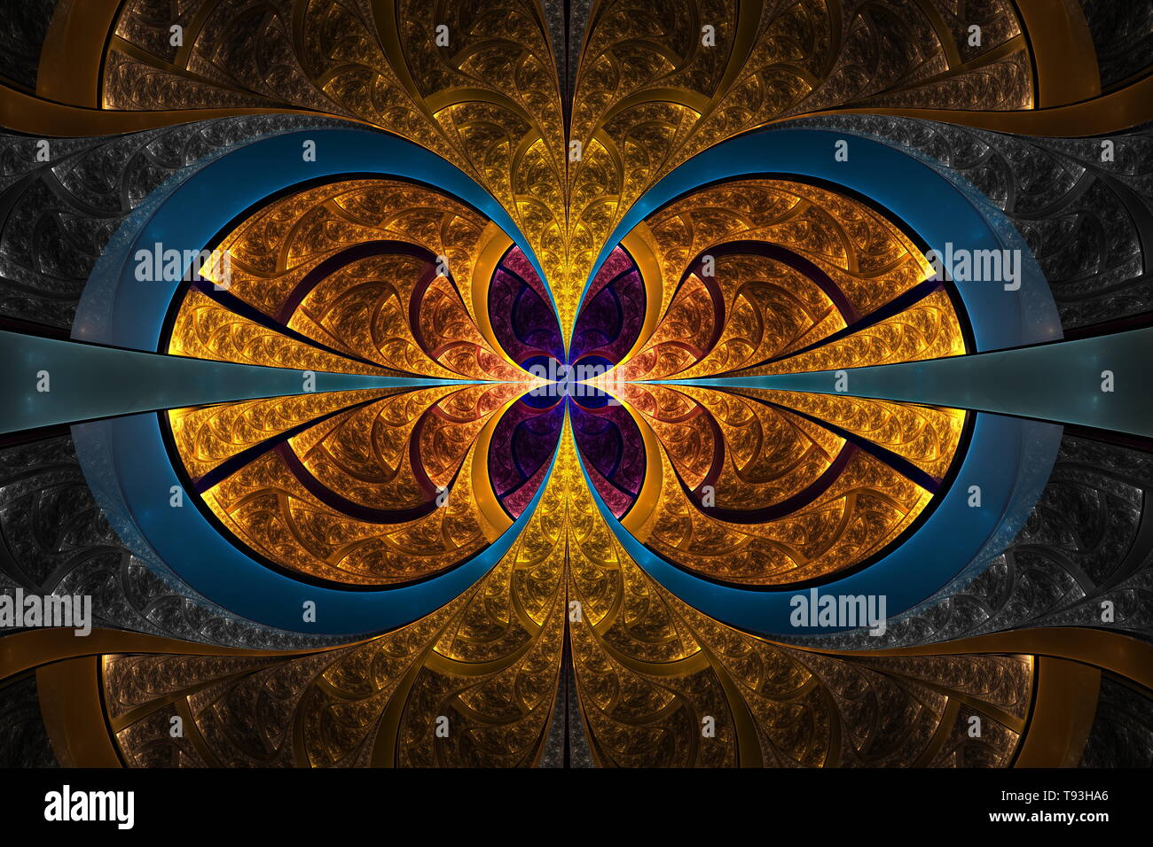 Abstrakte fraktale Kunst Illustration. Goldene und blaue florale geometrische Ornament. Schöne fraktale Illustration für kreatives Grafikdesign Stockfoto