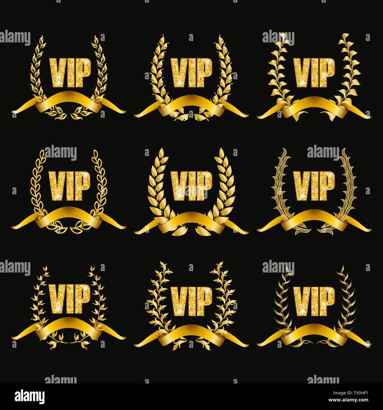 Satz von Gold vip Monogramme für Grafik Design auf schwarzem Hintergrund. Stock Vektor