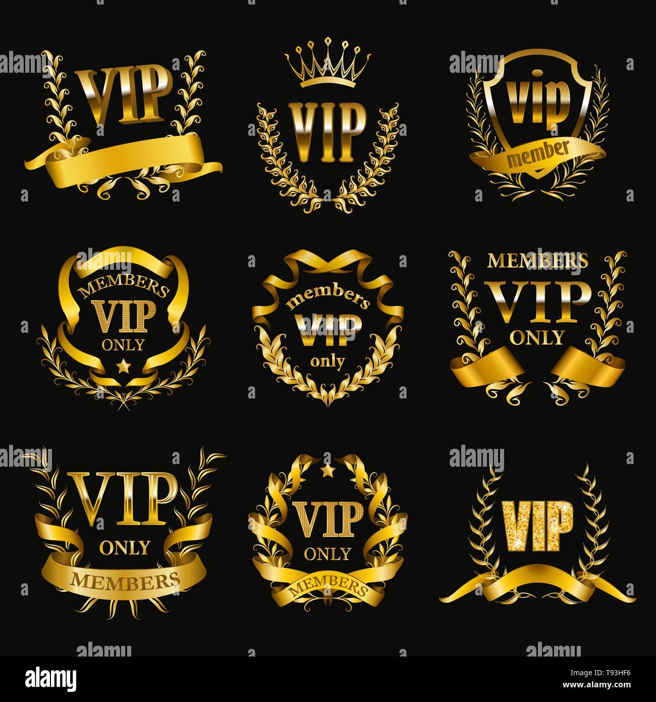 Satz von Gold vip Monogramme für Grafik Design auf schwarzem Hintergrund. Stock Vektor