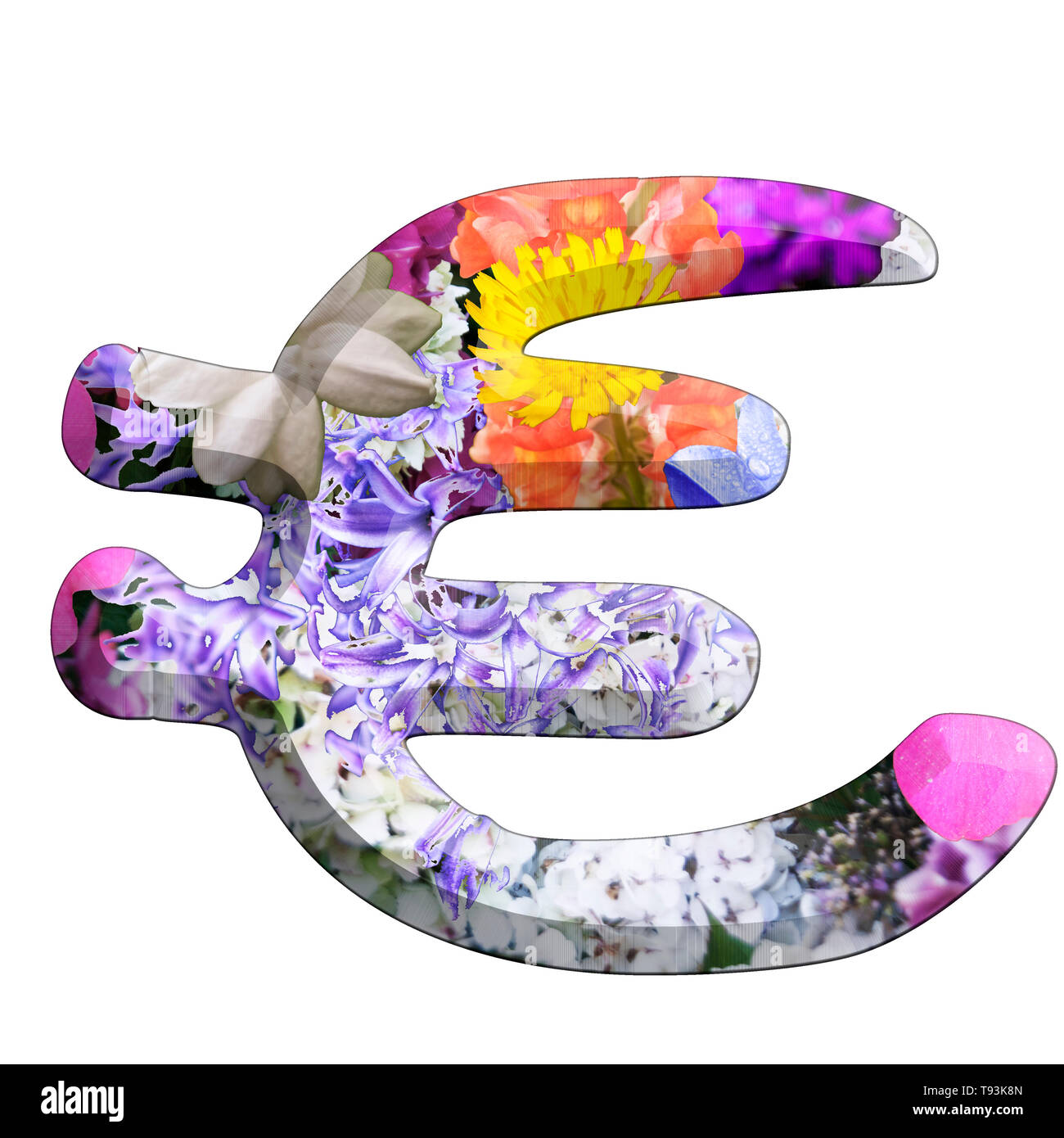 Das Euro Symbol Teil einer Reihe von Buchstaben, Zahlen und Symbole von 3D Buchstaben mit bunten Blumen Bilder auf weißem Hintergrund Stockfoto