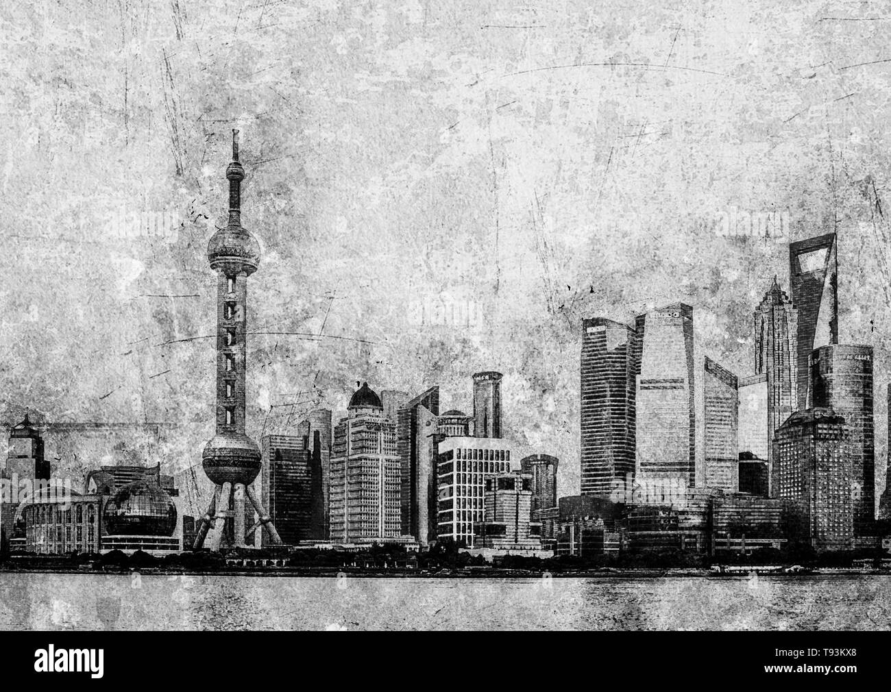 Digital verbesserte Bild der Blick auf die Skyline von Pudong; Changhai, China Oriental Pearl Tower Stockfoto