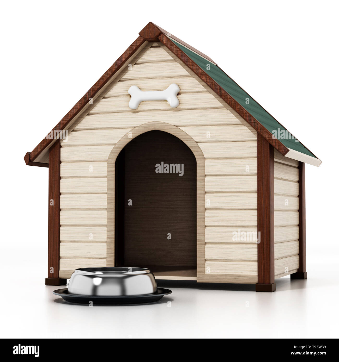 Doghouse und Futternapf auf weißem Hintergrund. 3D-Darstellung. Stockfoto