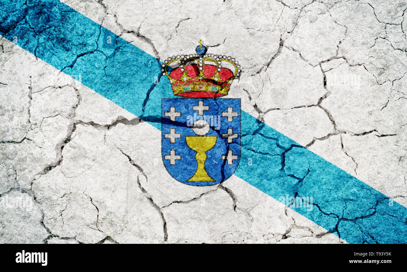 Galicien Flagge, autonome Gemeinschaft Spaniens, auf trockener Erde Textur Hintergrund Stockfoto