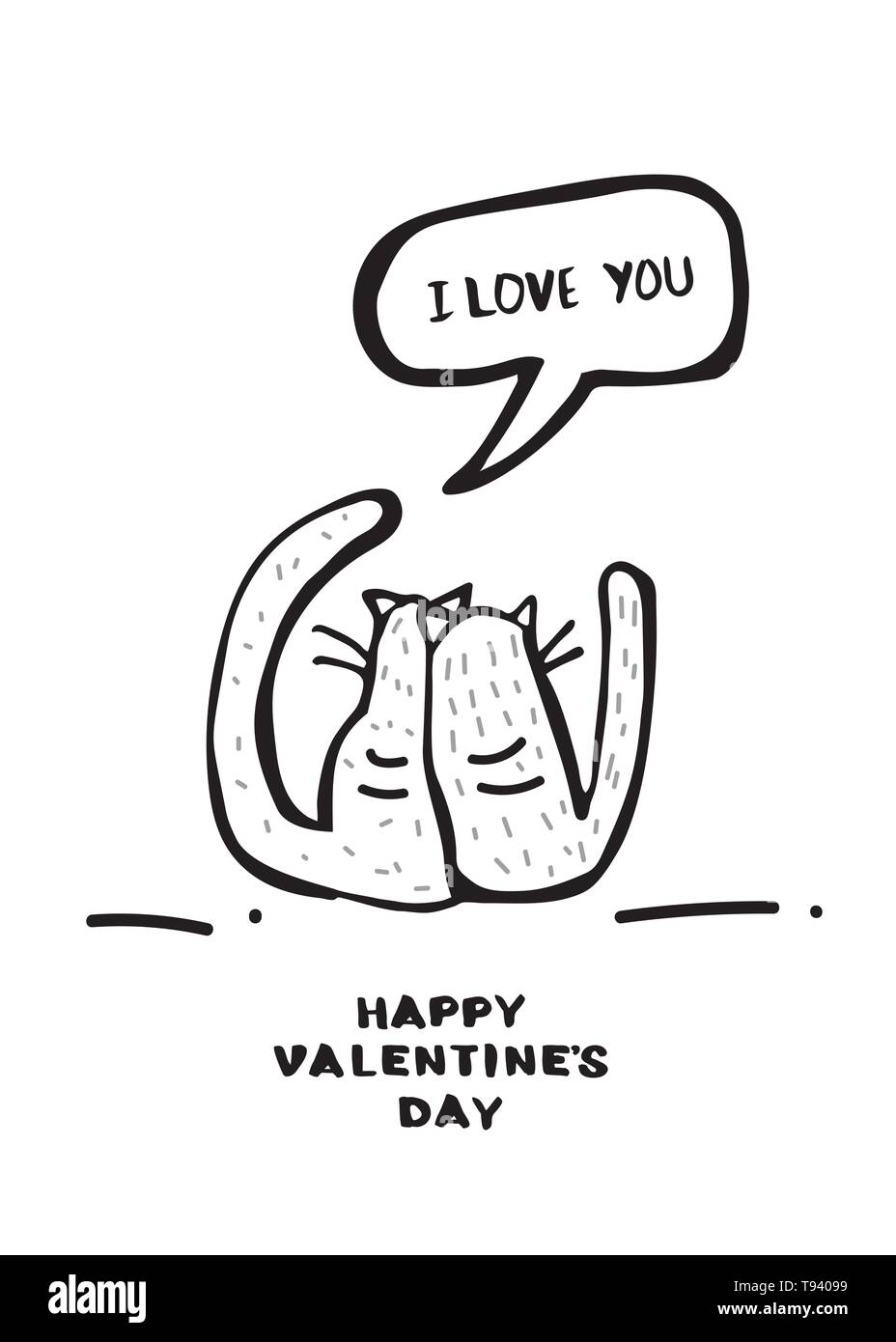 Happy Valentines Tag Grußkartenvorlage. Handschriftliche Beschriftung mit Katzen in schwarz-weiß Design. Vector Illustration. Stock Vektor