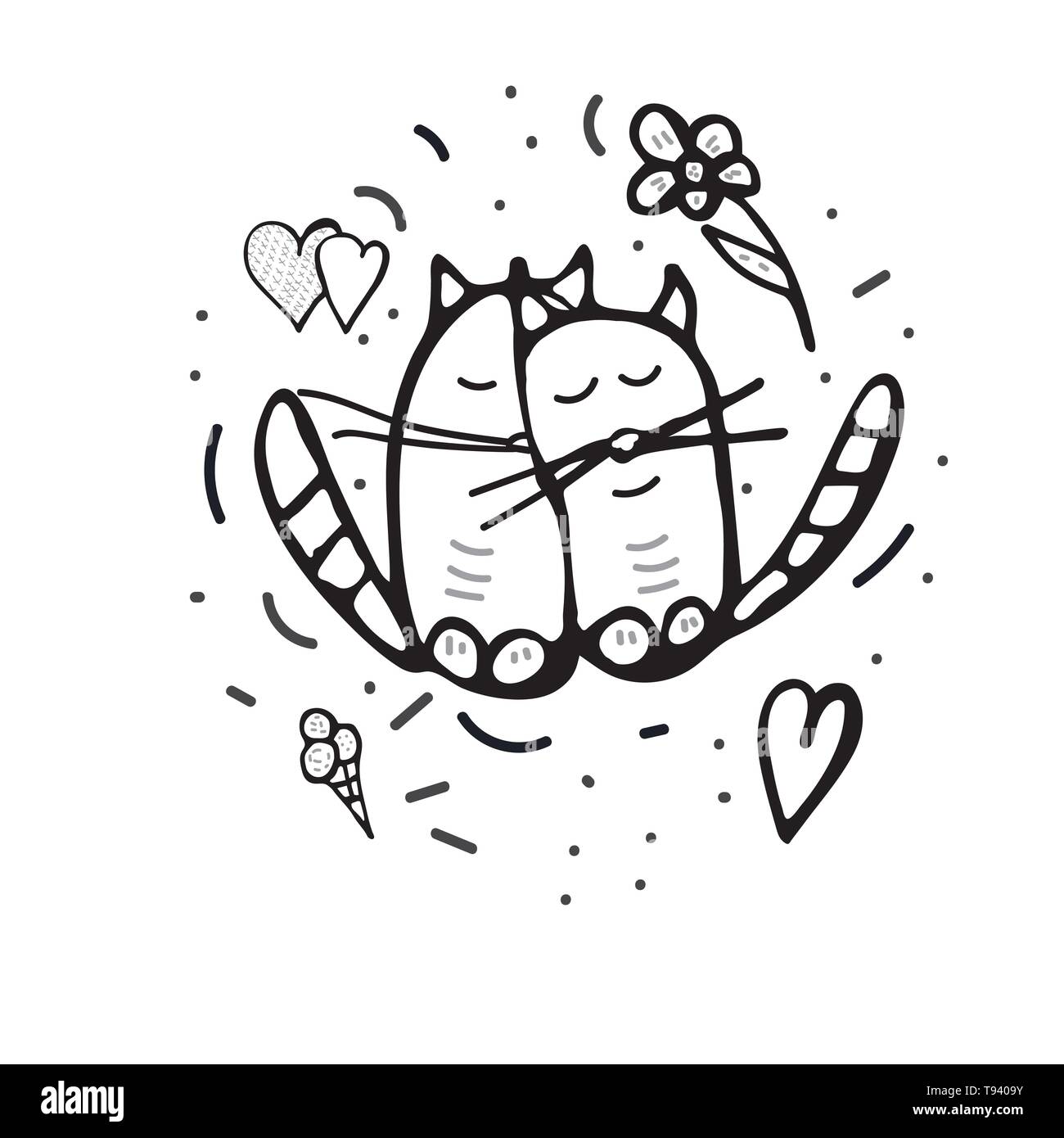 Happy Valentines Tag Grußkartenvorlage mit niedlichen Hug Katzen. Vector Illustration. Stock Vektor