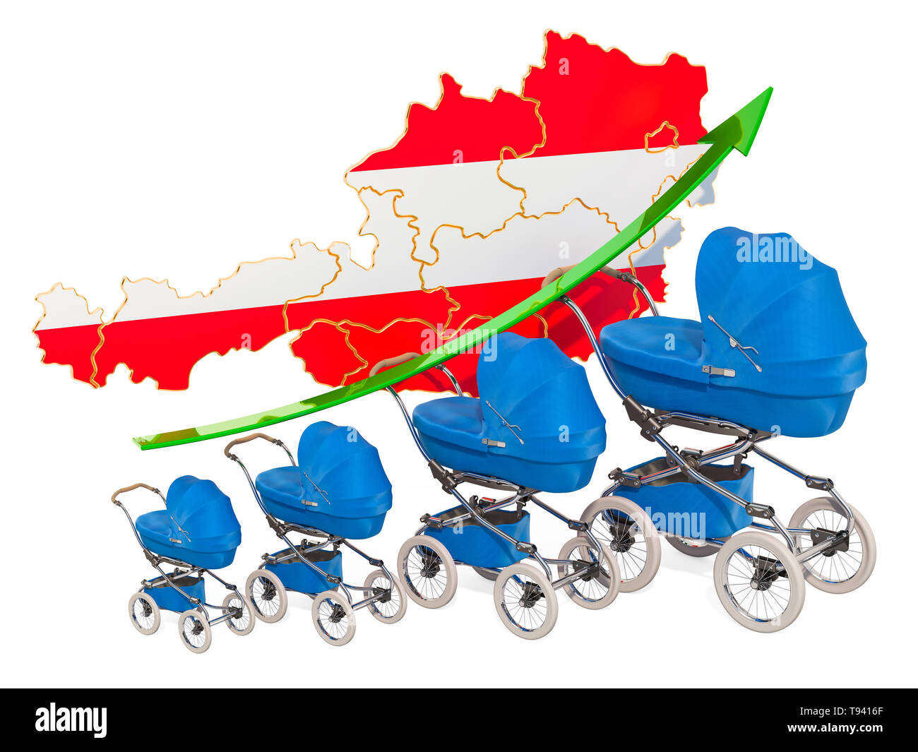 Wachsende Geburtenrate in Österreich, Konzept. 3D-Rendering auf weißem Hintergrund Stockfoto