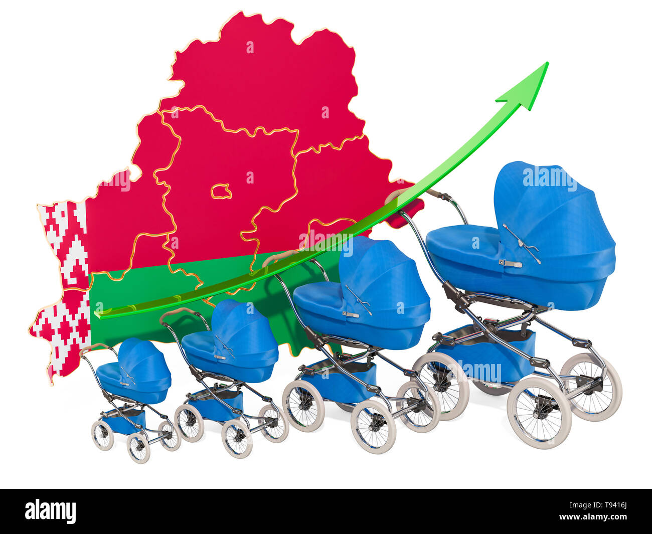 Wachsende Geburtenrate in Belarus, Konzept. 3D-Rendering auf weißem Hintergrund Stockfoto