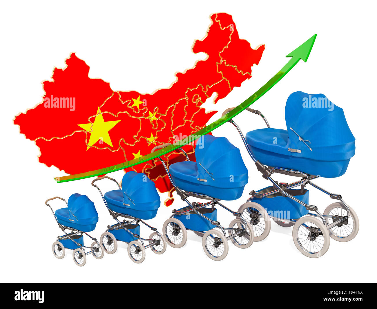 Wachsende Geburtenrate in China, Konzept. 3D-Rendering auf weißem Hintergrund Stockfoto