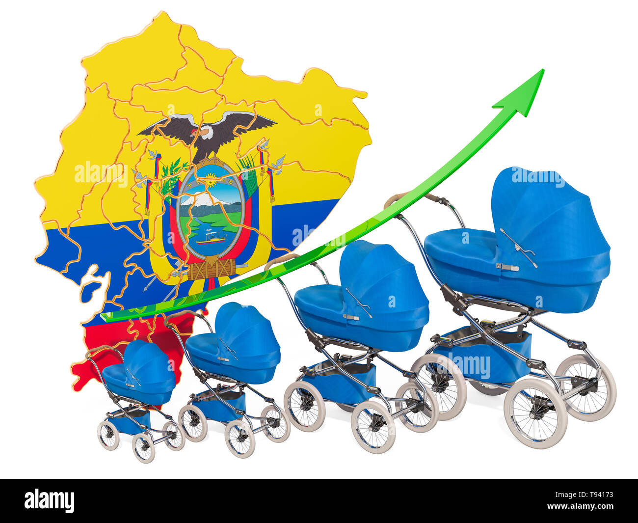 Wachsende Geburtenrate in Ecuador, Konzept. 3D-Rendering auf weißem Hintergrund Stockfoto