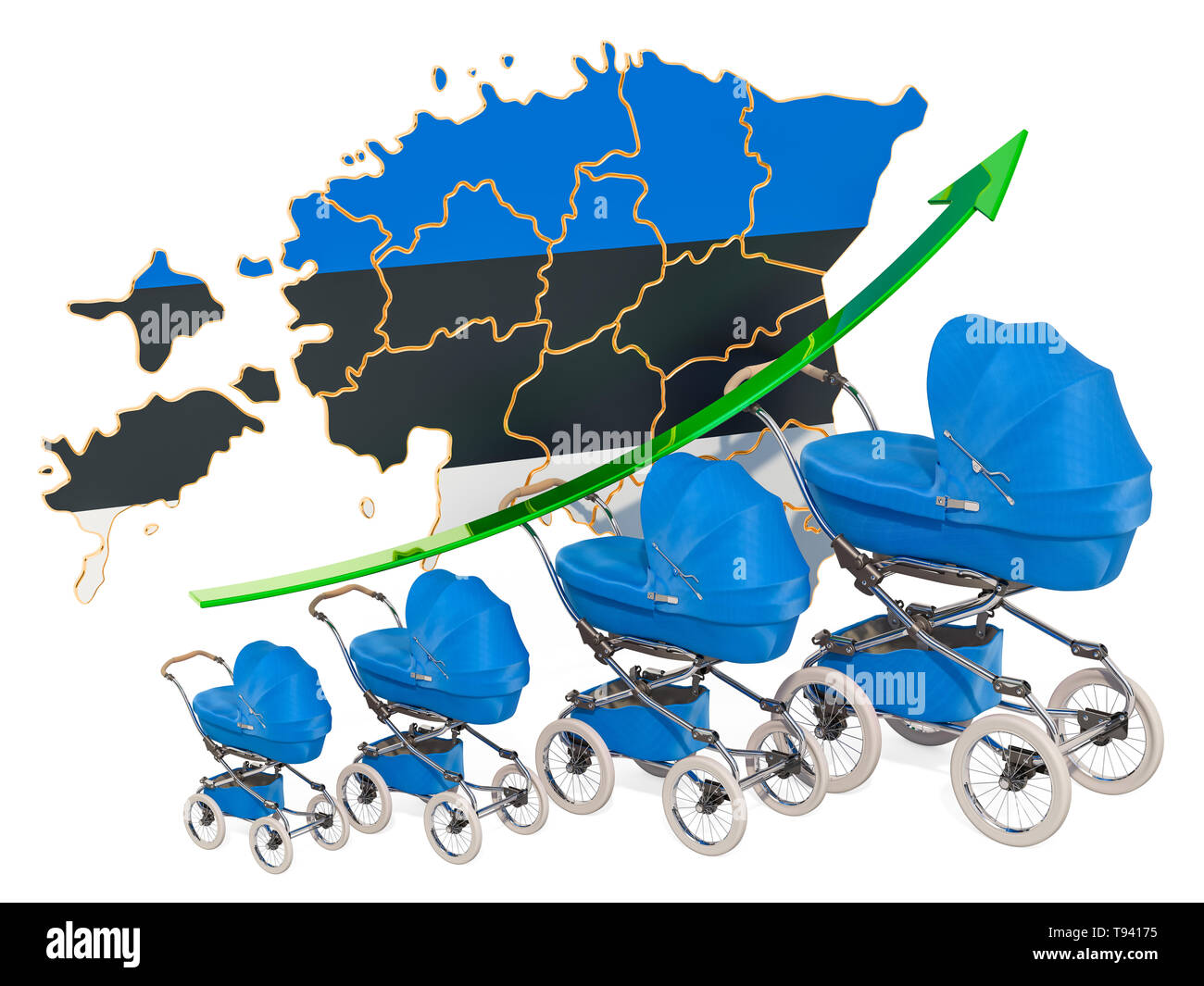 Wachsende Geburtenrate in Estland, Konzept. 3D-Rendering auf weißem Hintergrund Stockfoto