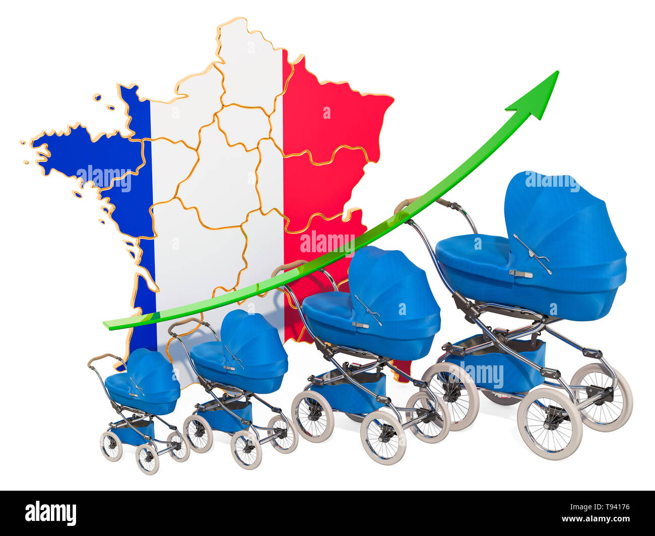 Wachsende Geburtenrate in Frankreich, Konzept. 3D-Rendering auf weißem Hintergrund Stockfoto