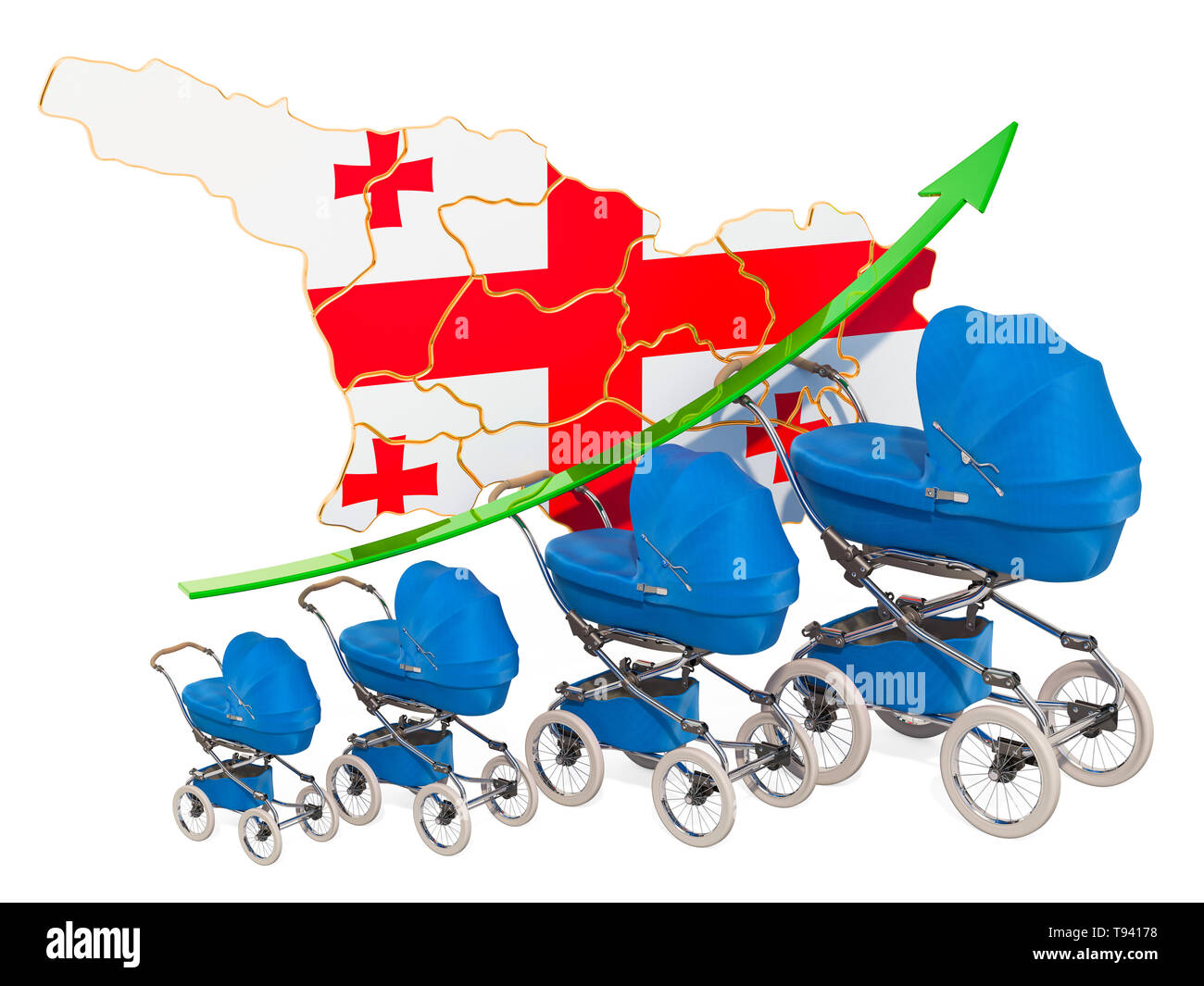 Wachsende Geburtenrate in Georgien, Konzept. 3D-Rendering auf weißem Hintergrund Stockfoto