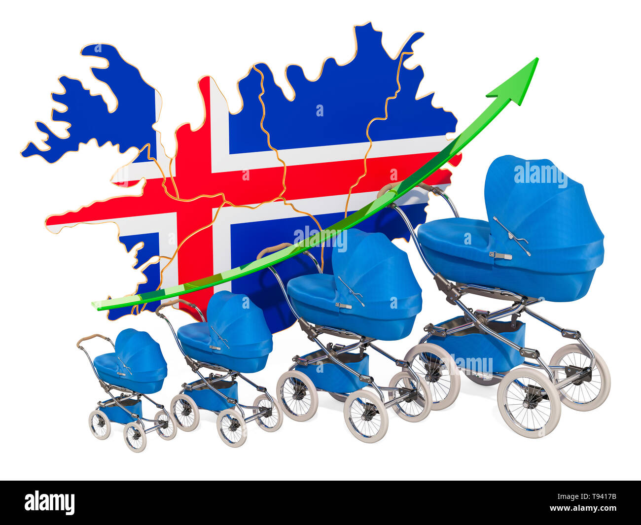Wachsende Geburtenrate in Island, Konzept. 3D-Rendering auf weißem Hintergrund Stockfoto
