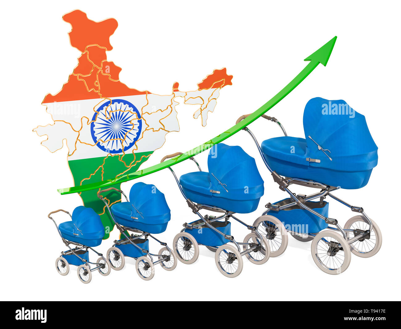 Wachsende Geburtenrate in Indien, Konzept. 3D-Rendering auf weißem Hintergrund Stockfoto