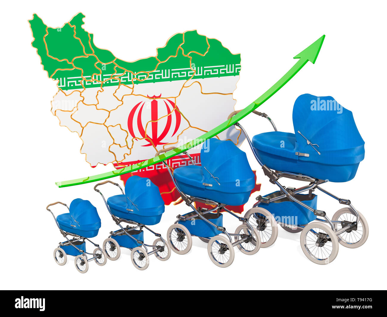Wachsende Geburtenrate in Iran, Konzept. 3D-Rendering auf weißem Hintergrund Stockfoto