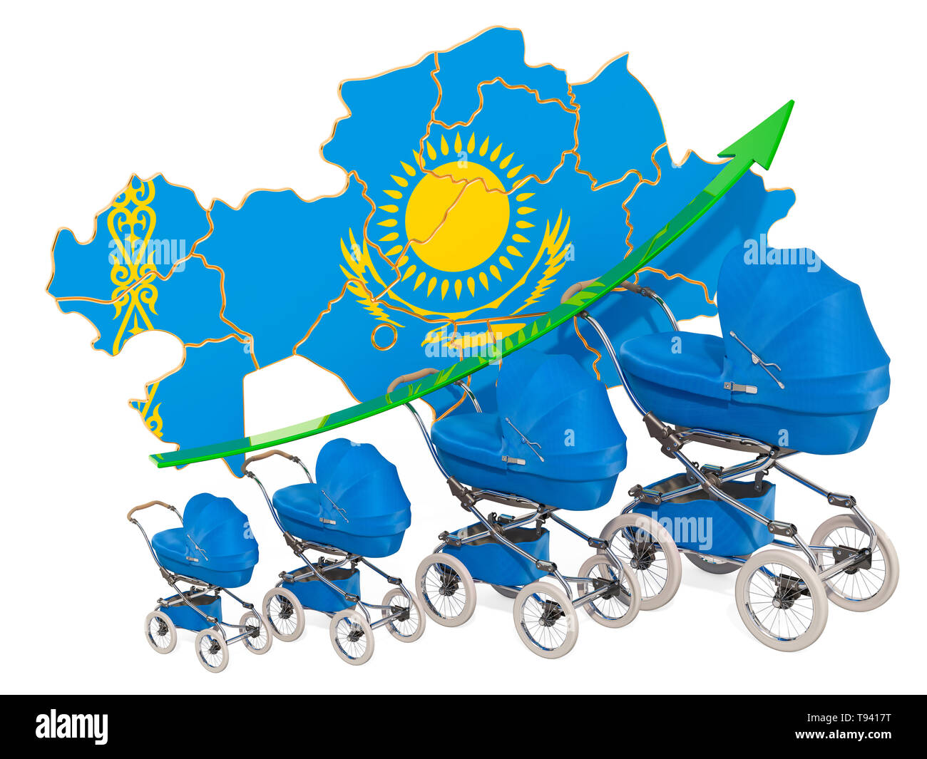 Wachsende Geburtenrate in Kasachstan, Konzept. 3D-Rendering auf weißem Hintergrund Stockfoto