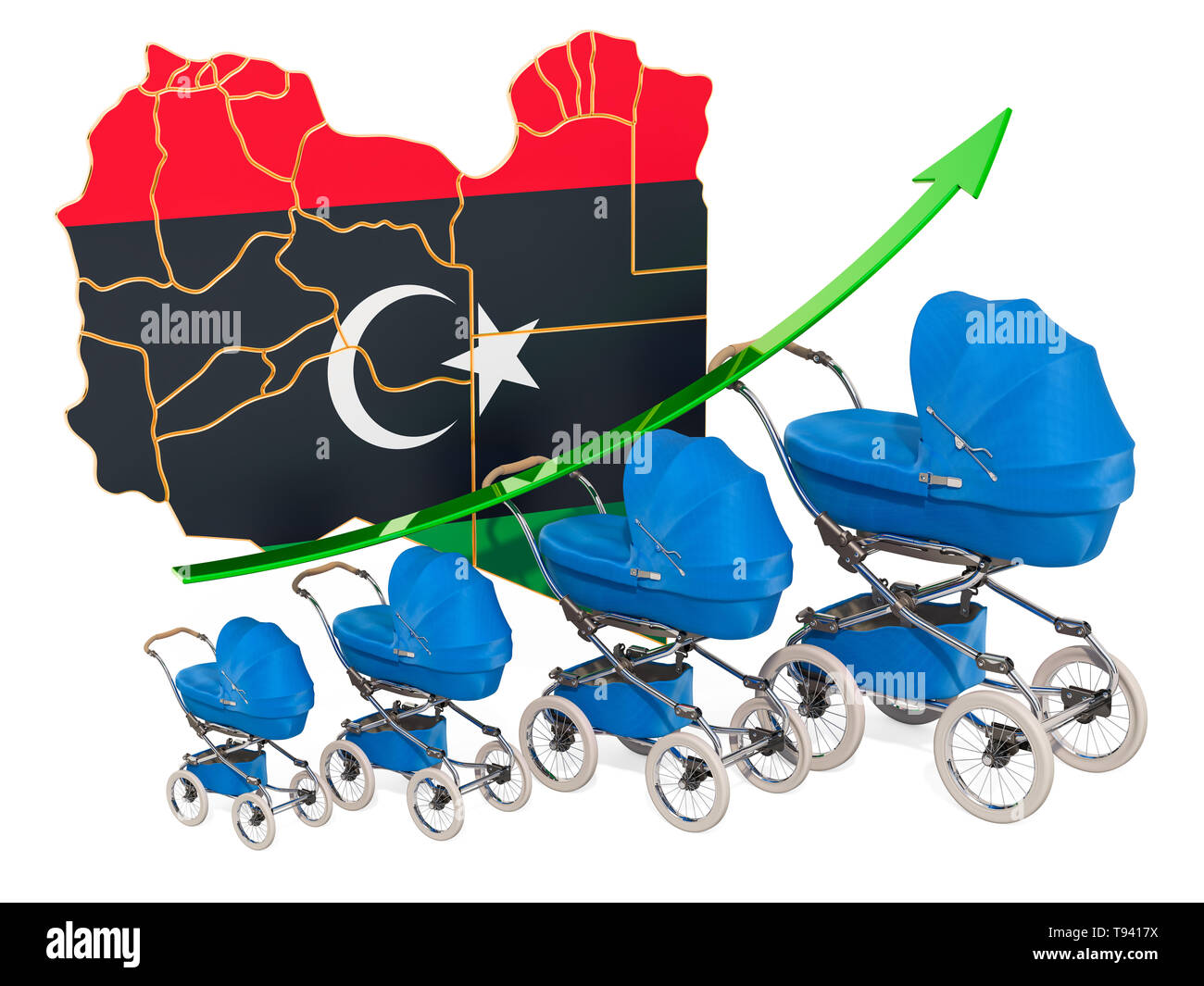 Wachsende Geburtenrate in Libyen, Konzept. 3D-Rendering auf weißem Hintergrund Stockfoto