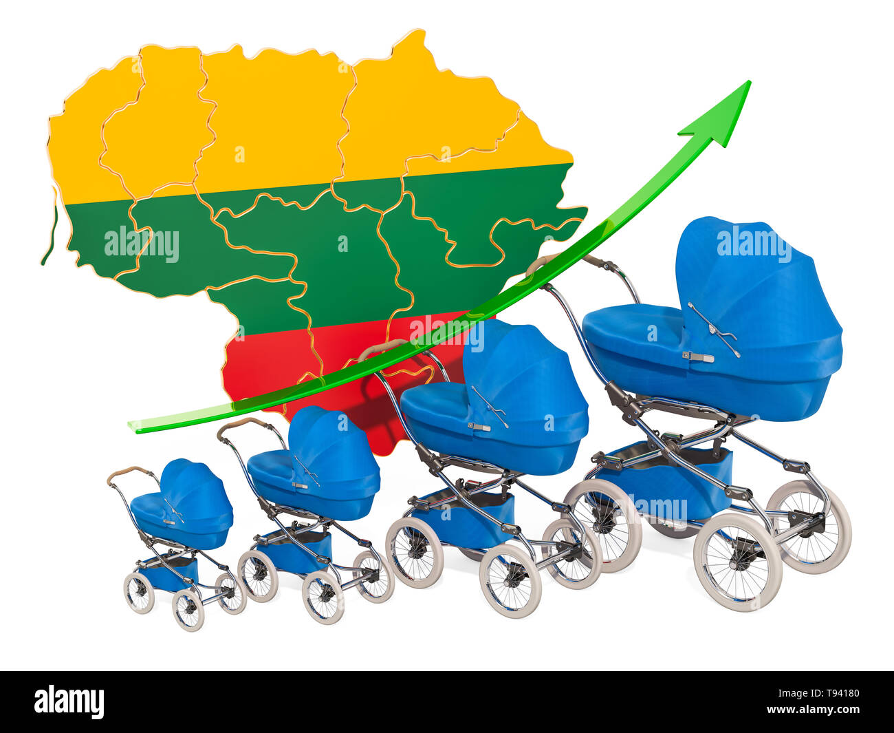 Wachsende Geburtenrate in Litauen, Konzept. 3D-Rendering auf weißem Hintergrund Stockfoto