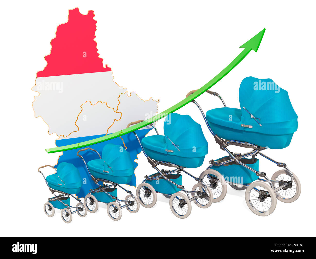 Wachsende Geburtenrate in Luxemburg, Konzept. 3D-Rendering auf weißem Hintergrund Stockfoto