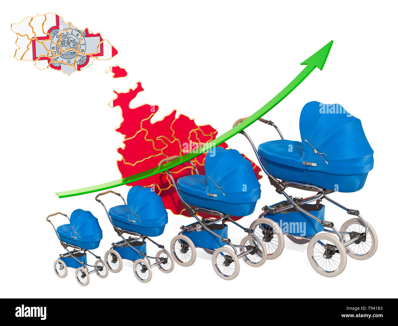 Wachsende Geburtenrate in Malta, Konzept. 3D-Rendering auf weißem Hintergrund Stockfoto