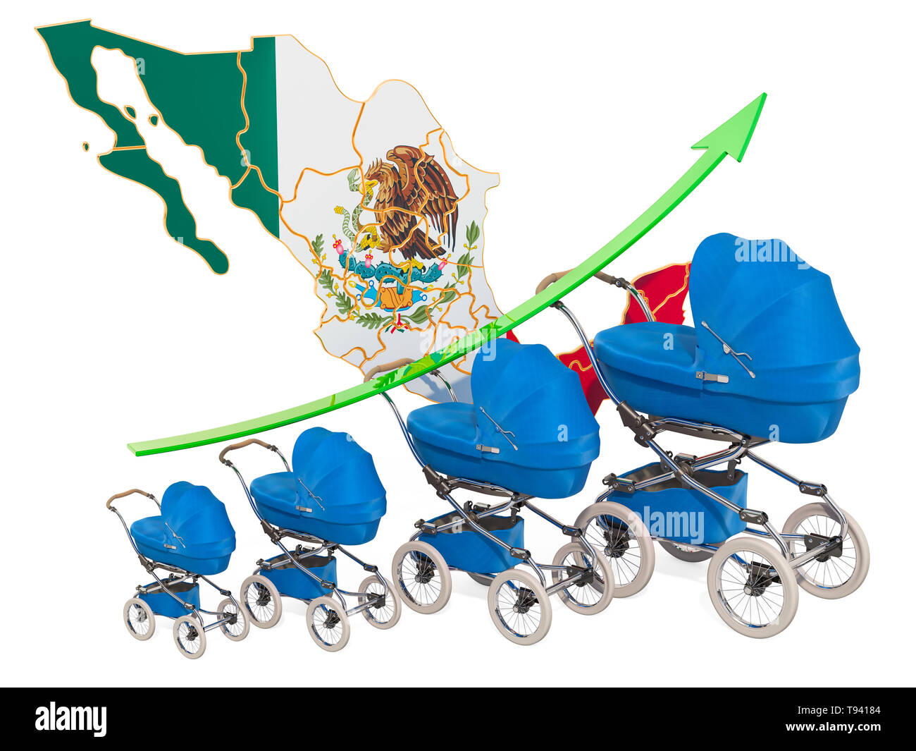 Wachsende Geburtenrate in Mexiko, Konzept. 3D-Rendering auf weißem Hintergrund Stockfoto