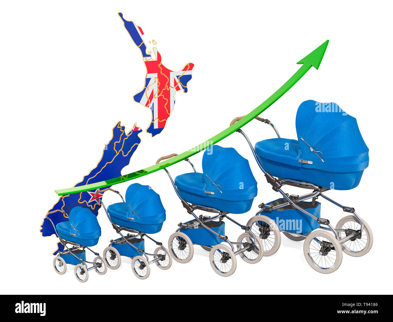 Wachsende Geburtenrate in Neuseeland, Konzept. 3D-Rendering auf weißem Hintergrund Stockfoto