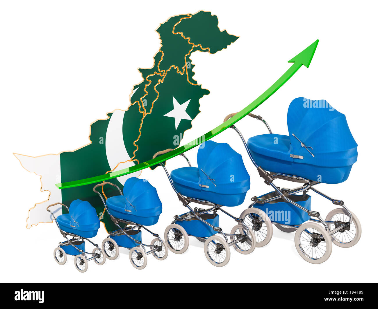 Wachsende Geburtenrate in Pakistan, Konzept. 3D-Rendering auf weißem Hintergrund Stockfoto